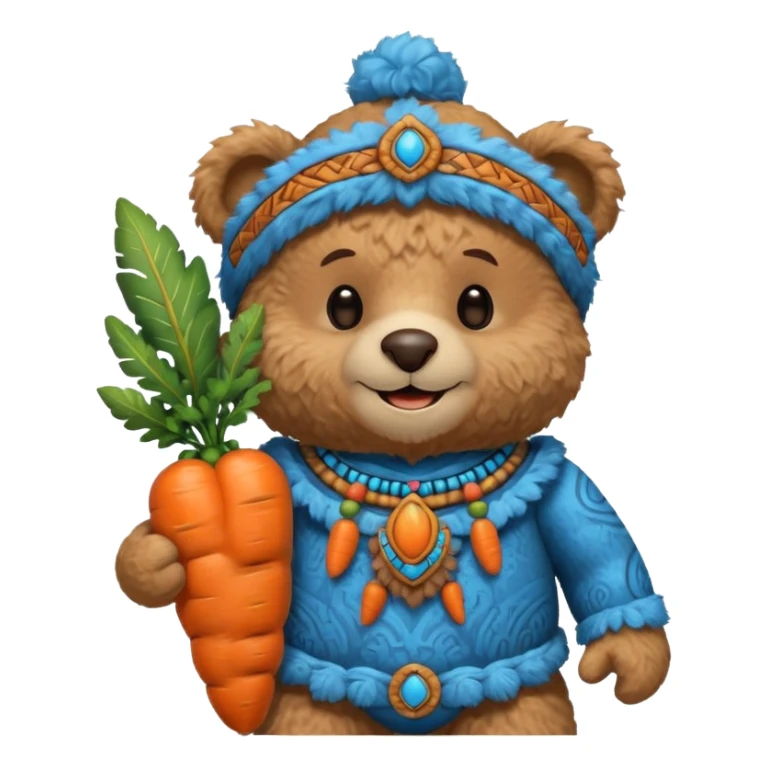 teddy bear half body, wearing blue mayan ancient custome, with carrot half body sticker