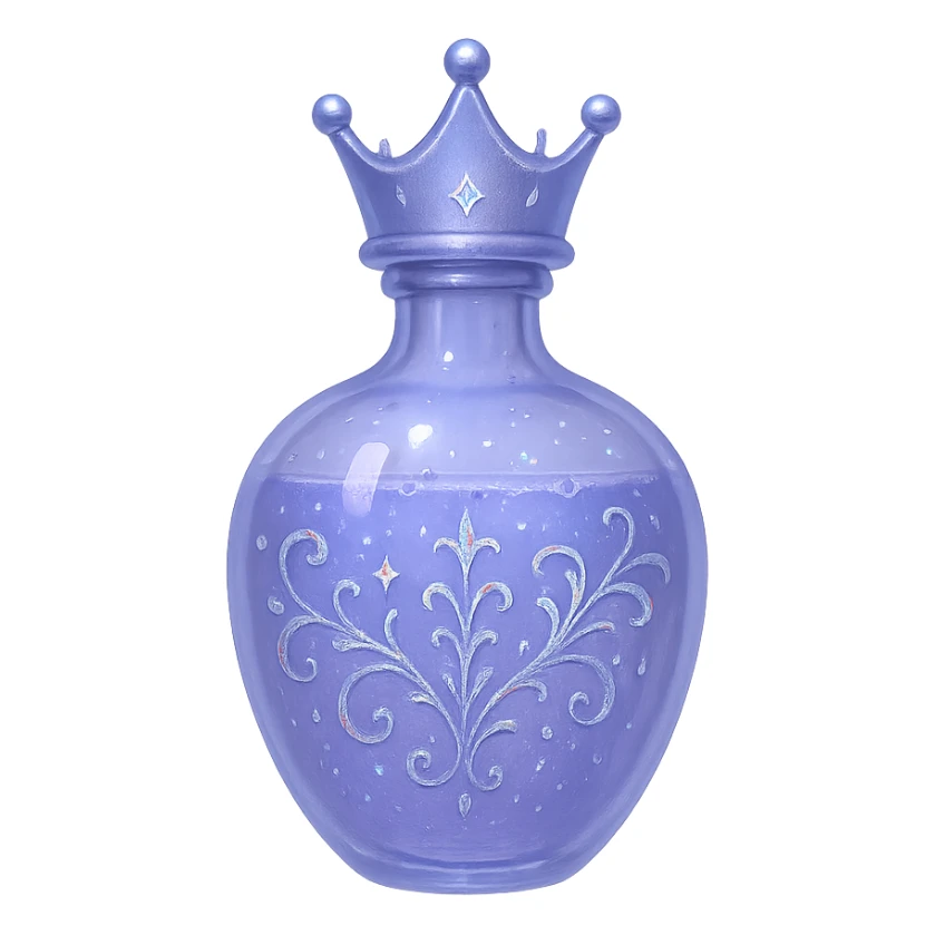 modern minimalist luxurious elixir bottle, small crown shape, color #7986cb, subtle clear silver or holographic ornaments, soft magical effects, very small neck, transparent background, seamless bottom, no shadow, floating, collection style sticker