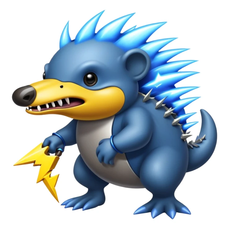 a fantastical dangerous and spooky electric platypus merged with a hedgehog with sharp teeth, metal electric spikes, and strong fangs, electricity and lightning coming, menacing look, yellow and blue ligning bolts sticker