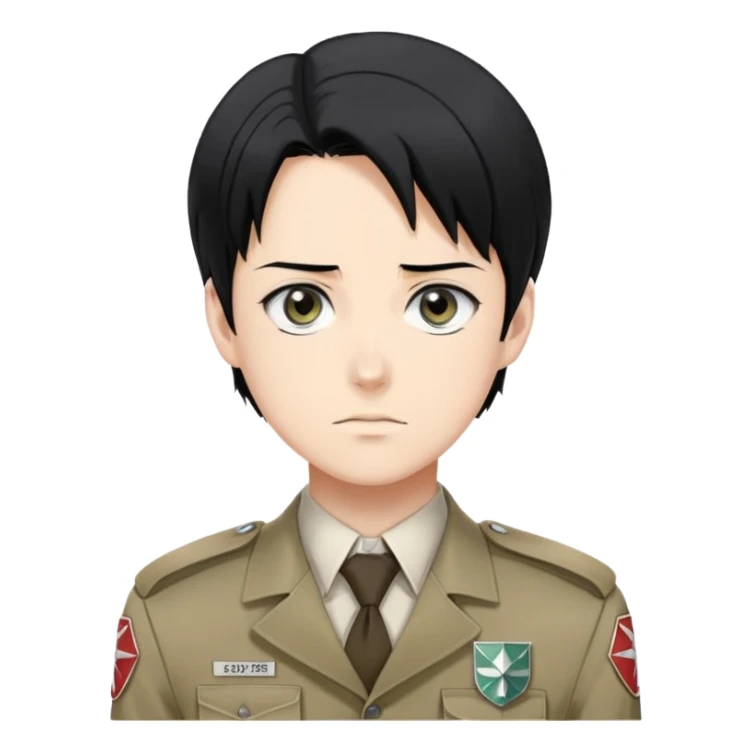 Levi Ackerman from Attack on Titan, with black hair, gray eyes, and wearing Survey Corps uniform sticker