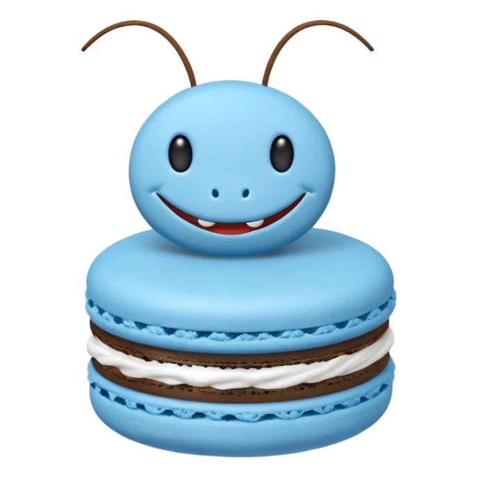 A cartoon cricket on a blue macaron with white frosting to be an icon image sticker