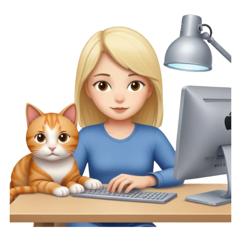 a girl working in front of a computer with a cat lying next to the computer sticker