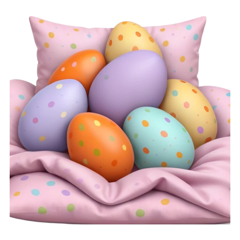Realistic Easter eggs in pastel colors, some orange and carrot shaped, in a pile hidden behind pillows sticker