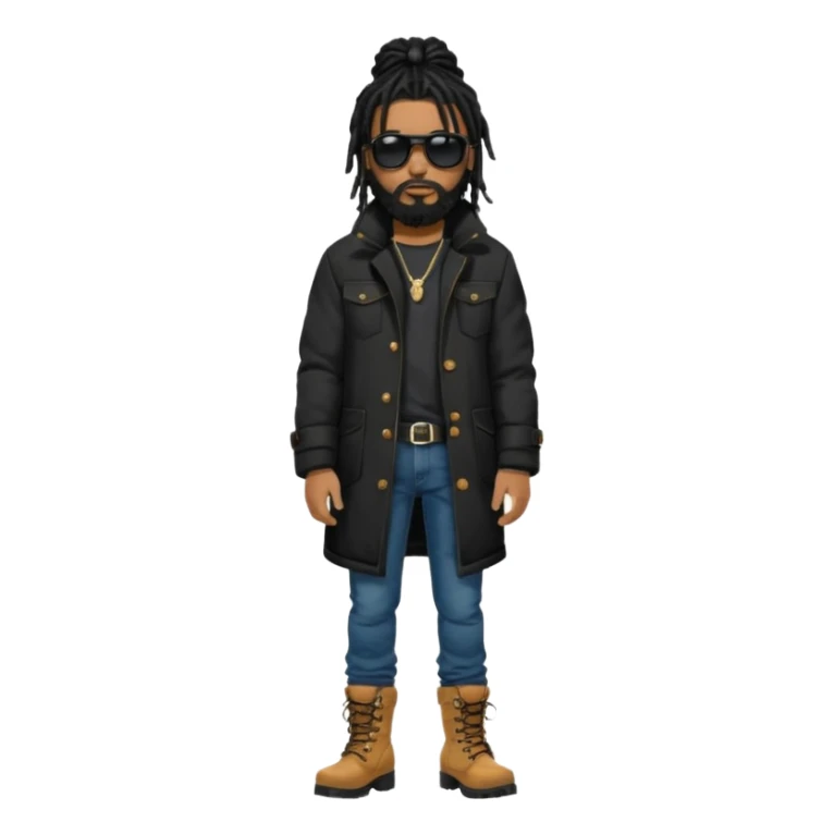 African American man with shoulder length black dreadlocks with black beard wearing black sunglasses wearing a black bubble winter coat wearing denim skinny jeans wearing wheat timberland boots thinking sticker