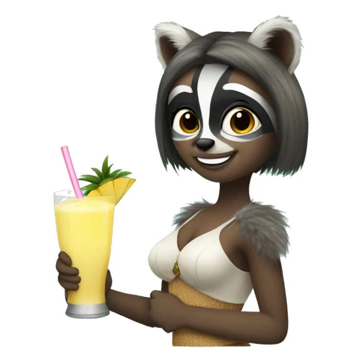 A raccoon girl holding a pina colada sticker