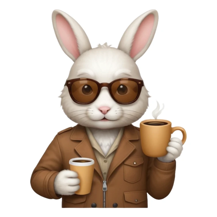 White rabbit, wearing brown jacket, sunglasses, holding coffee mug sticker