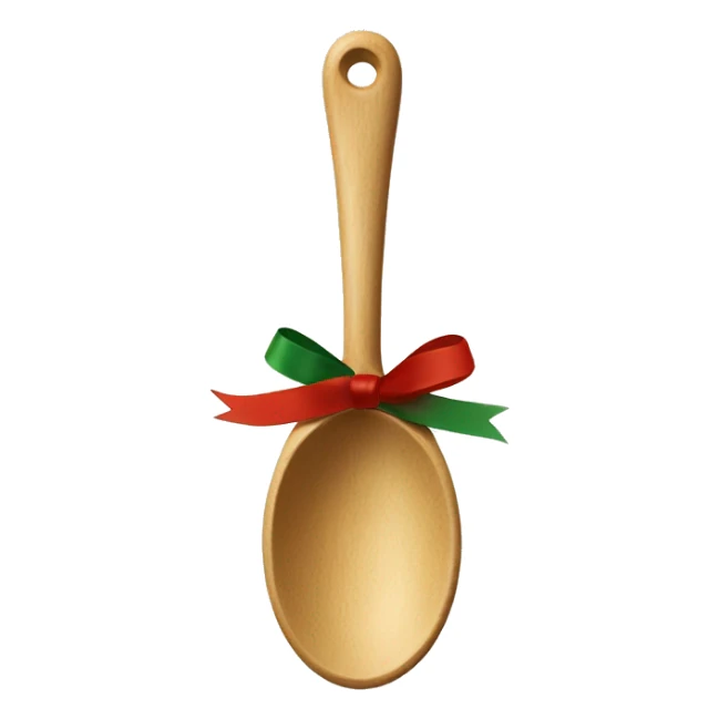 Wooden spoon decorated with a tiny red and green ribbon tied around the handle, perfect for holiday baking sticker