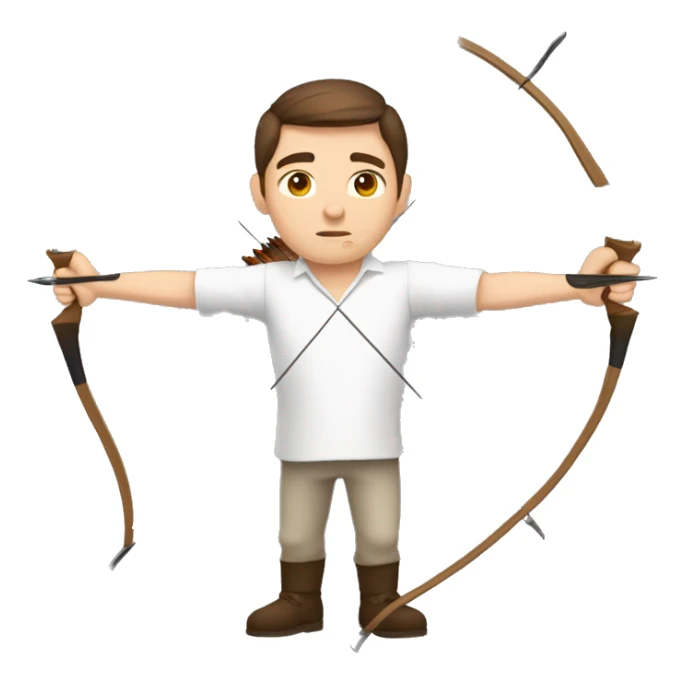 a male archer aiming with a bow facing  his target, eyes closed, wearing a white shirt, very short brown hair, bright skin, only show upper part of the body from waist up sticker