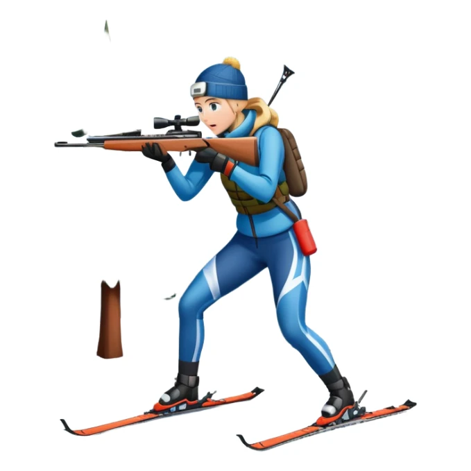 An icon showing a snowy landscape with pine trees, mountains, and a clear sky with a biathlete aiming a rifle in the foreground, wearing winter gear and skis. Transparent background emphasizes the precision, endurance, and beauty of this winter sport. sticker