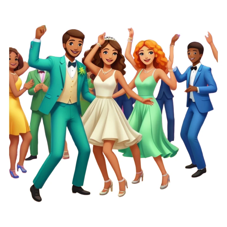 Wedding guests dancing on dance floor with cannabis, colorful party atmosphere, disco lights, cheerful cartoon style sticker