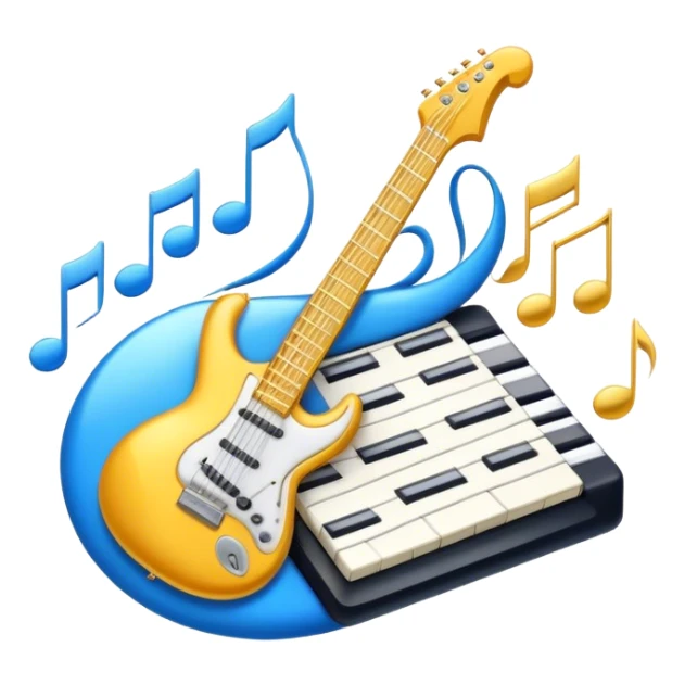 Create an elegant and dynamic emoji that represents music arrangement and orchestration. The design should feature musical notes, a synthesizer, drums, and an electric guitar, symbolizing the diverse instruments used in arranging and orchestrating music. Incorporate flowing lines to represent harmony and rhythm, with a subtle representation of sheet music. Use a combination of vibrant and classic colors like electric blue, gold, and silver, blending the electronic and traditional aspects of arrangement. The background should be transparent. sticker