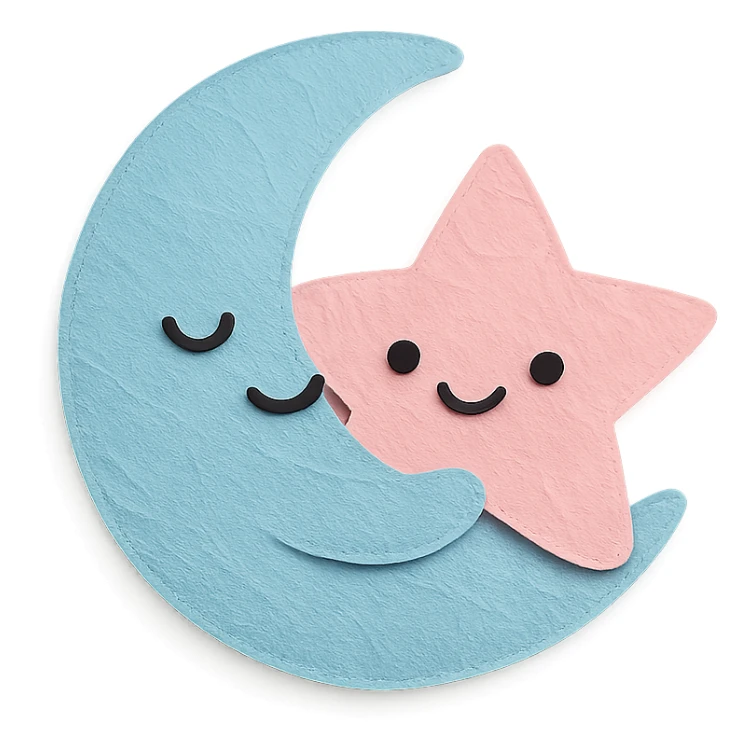 adorable pastel blue crescent moon hugging a soft pink star, no arms or legs, full body, kawaii paper craft style sticker