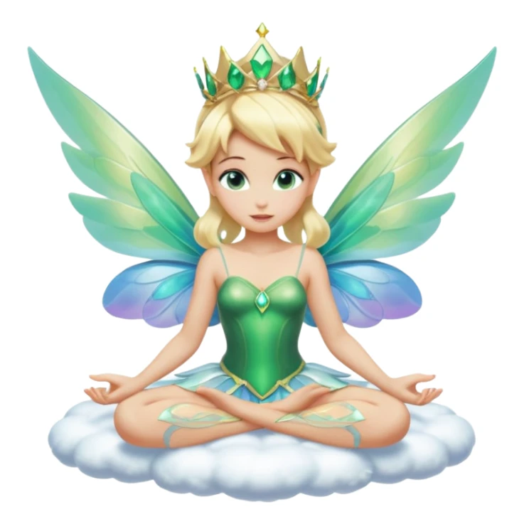 Isolated, 3D rendering, Tinkerbell wuth futuristic ultra detailed iridescent wings, full body view, center of image, sitting on a fluffy white cloud, blonde beautiful hair, tiara head piece, emerald green blue eyes, still life,  futuristic vivid colors sticker