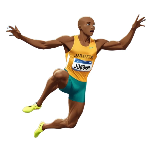 An icon featuring a combination of athletic disciplines: a sprinter dashing down the track, a high jumper clearing the bar, a javelin thrower in action, and a long jumper mid-air. The background shows a vibrant stadium with cheering crowds, bright lights, and a clear sky. sticker