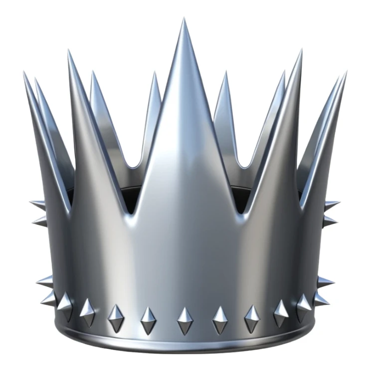 A spiked crown emoji made of silver chrome, sharp yet rounded metallic spikes, glossy reflections, aggressive luxury swag aesthetic, iOS emoji style, centered, clean white background sticker