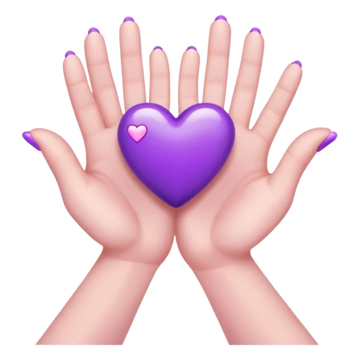 White skin hands with 5 fingers each are holding a violate heart sticker