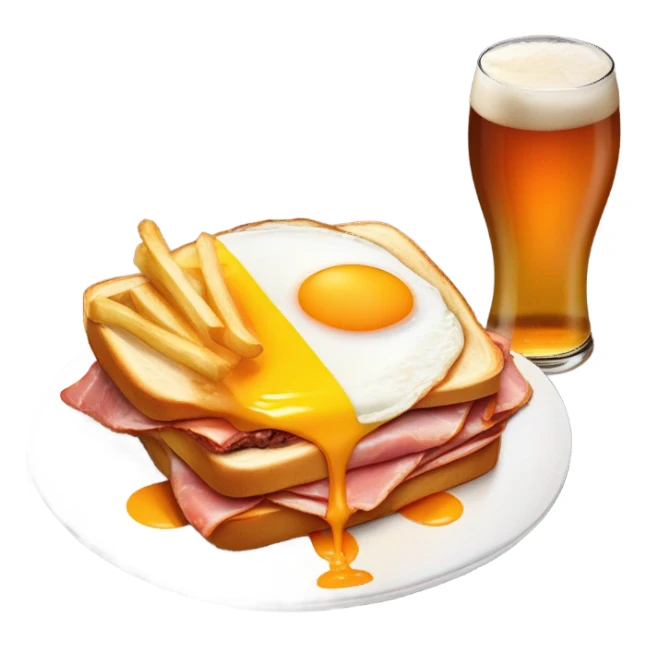 Francesinha sandwich from Porto, Portugal: two thick bread slices with ham, linguiça, and steak inside, covered in melted cheese, topped with a fried egg, and surrounded by rich orange beer sauce on a plate with fries. sticker