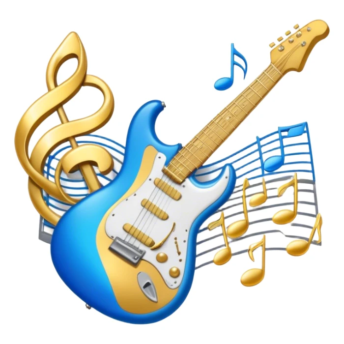 Create an elegant and dynamic emoji that represents music arrangement and orchestration. The design should feature musical notes, a synthesizer, drums, and an electric guitar, symbolizing the diverse instruments used in arranging and orchestrating music. Incorporate flowing lines to represent harmony and rhythm, with a subtle representation of sheet music. Use a combination of vibrant and classic colors like electric blue, gold, and silver, blending the electronic and traditional aspects of arrangement. The background should be transparent. sticker