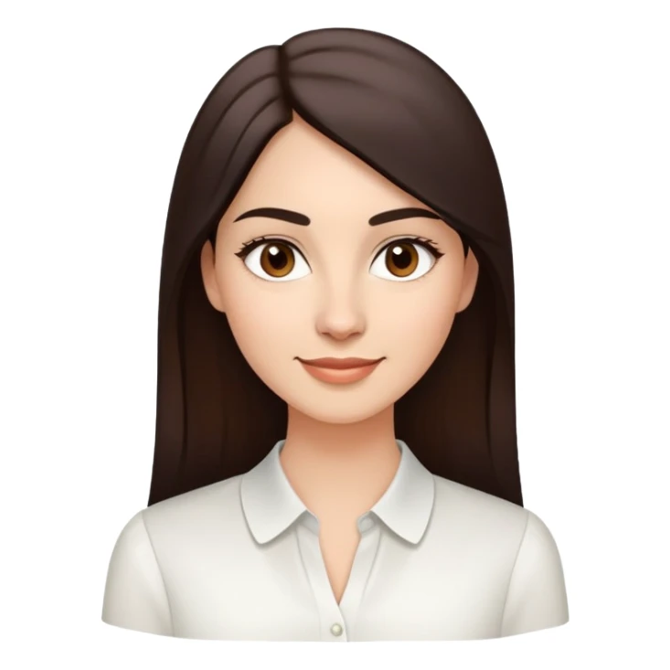 Young woman in her 30s with light skin, oval face, soft features, large dark brown eyes, medium eyebrows, small nose, friendly smile, long straight dark brown hair, wearing a white elegant blouse sticker