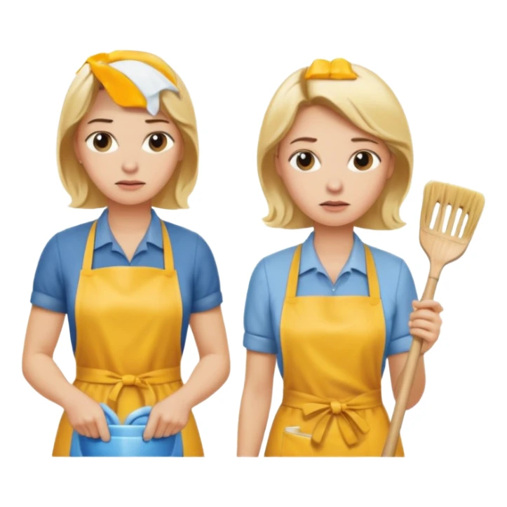 A blonde women cleaning a kitchen while her blonde husband scowls at her sticker