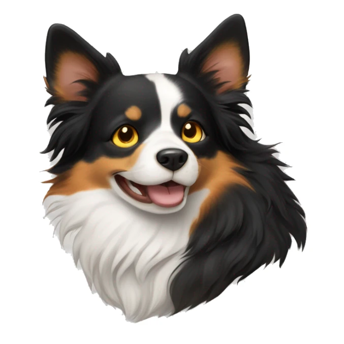 Calico cat (black, orange and white) with yellow eyes next to a border collie (black and white) with brown eyes - bust only and have the border collie smiling  sticker