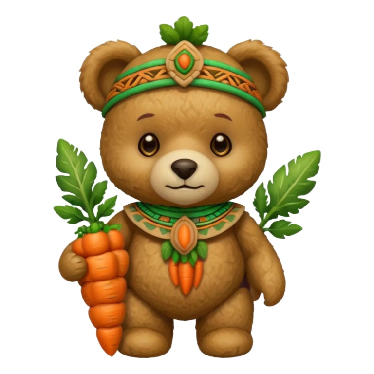 teddy bear, wearing green mayan ancient custome, with carrot sticker