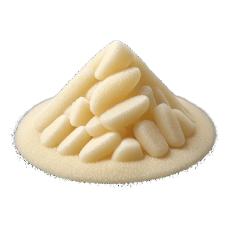 small pile of vanilla sugar, off-white, fine and soft, dark vanilla dots throughout, dry and delicate, uneven surface, scattered granules, 3D-rendered, minimal, no faces, transparent background sticker