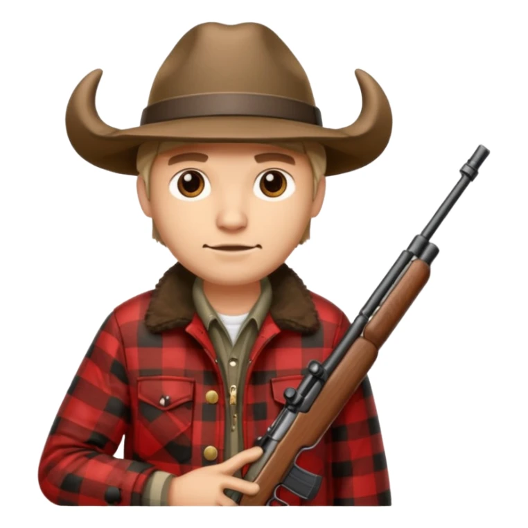 Man wearing buffalo plaid jacket and hat, with rifle sticker