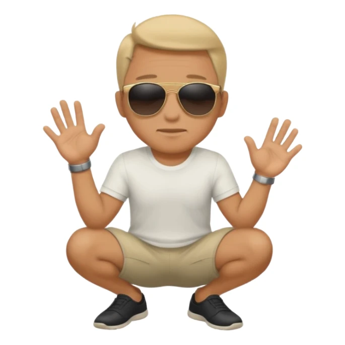 A man squatting down and holdig his hand flat a bit above the ground sticker