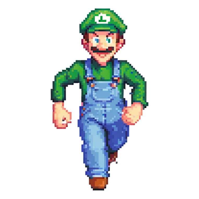 Luigi running, pixel art style, green hat, blue overalls, dynamic movement sticker