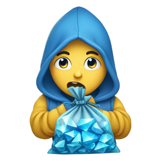 Person looking hungrily at blue crystals in small bag sticker