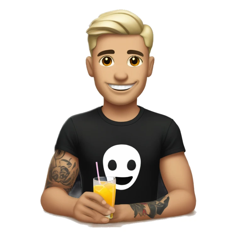 young bartender with white skin and tattoo on left the hand. he is wearing black t-shirt which has teeth-smile print in heart area. he is holding cocktail. sticker