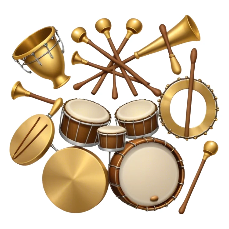 Create a heraldic, festive, and professional emblem-like emoji representing percussion instruments. The design should resemble a traditional crest, featuring a range of percussion instruments like cymbals, triangle, tambourine, maracas, timpani, and other traditional and folk percussion instruments. Arrange them symmetrically, with elements like cymbals crossing each other, a triangle at the center, and timpani or drums flanking the sides. The instruments should be depicted with metallic and wooden tones—shiny brass for cymbals, silver for the triangle, and rich wood or polished bronze for drums. Include ornate details like engraved patterns on the instruments, decorative swirls or laurels, and subtle accents to add elegance and festivity to the composition. The overall design should be cohesive, balanced, and visually striking, suitable for use as a prestigious emblem. The background should be transparent. sticker