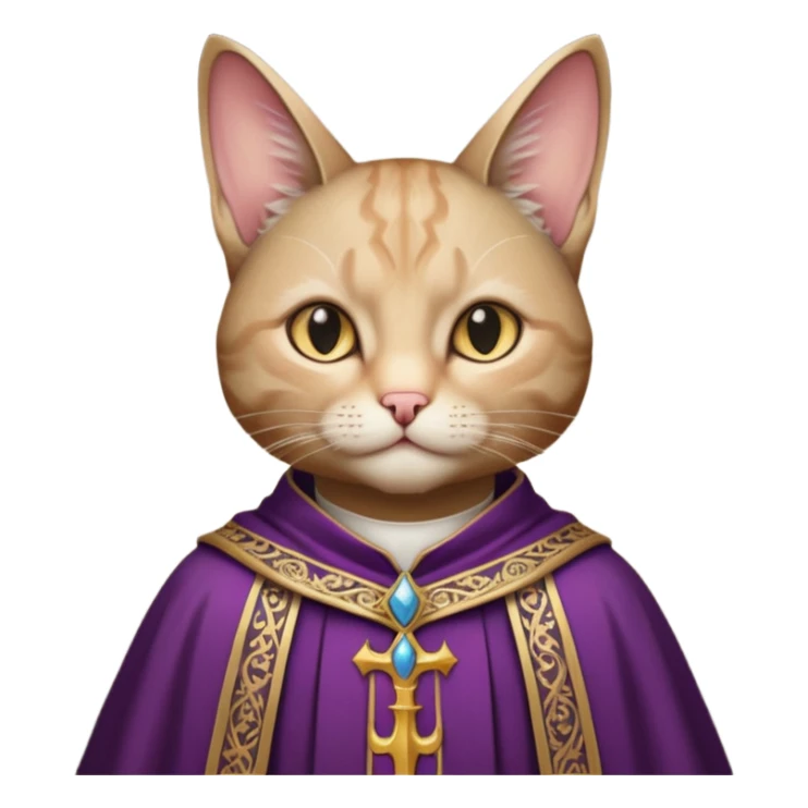 “Half-body humanoid figure with a realistic cat face, wearing ornate bishop robes and a mitre, dark gothic background, dramatic lighting, sticker