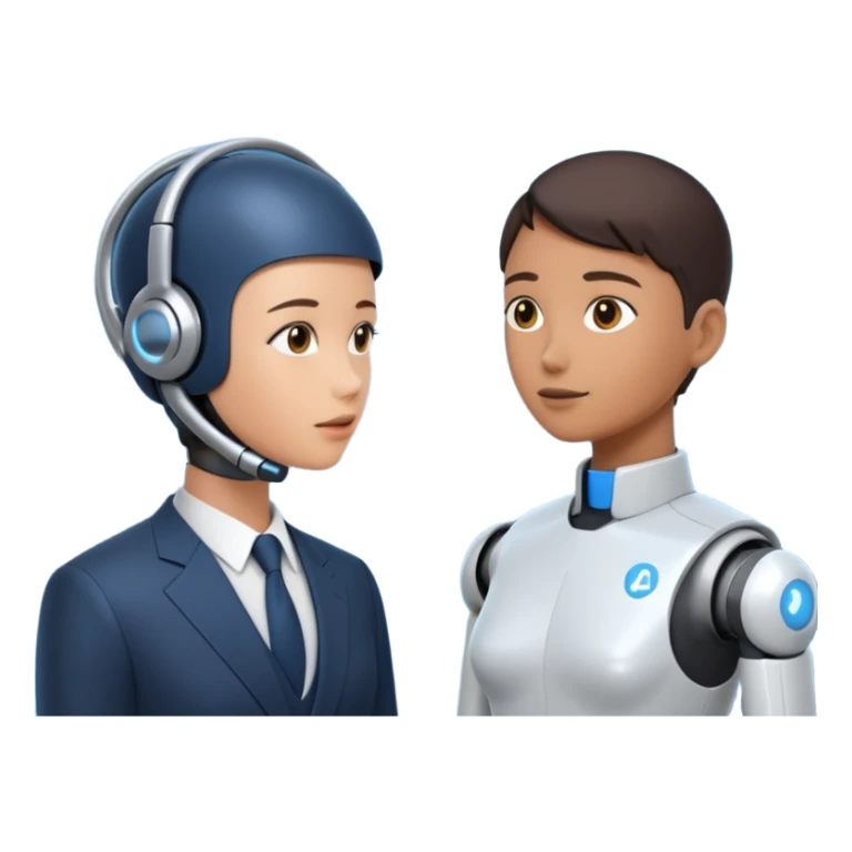 ai agent (llm model, ai chatbot) is communicating with human, human is asking in natural language and ai agent is thinking in his own language, answering back in natural language, giving help of using some hard system  sticker