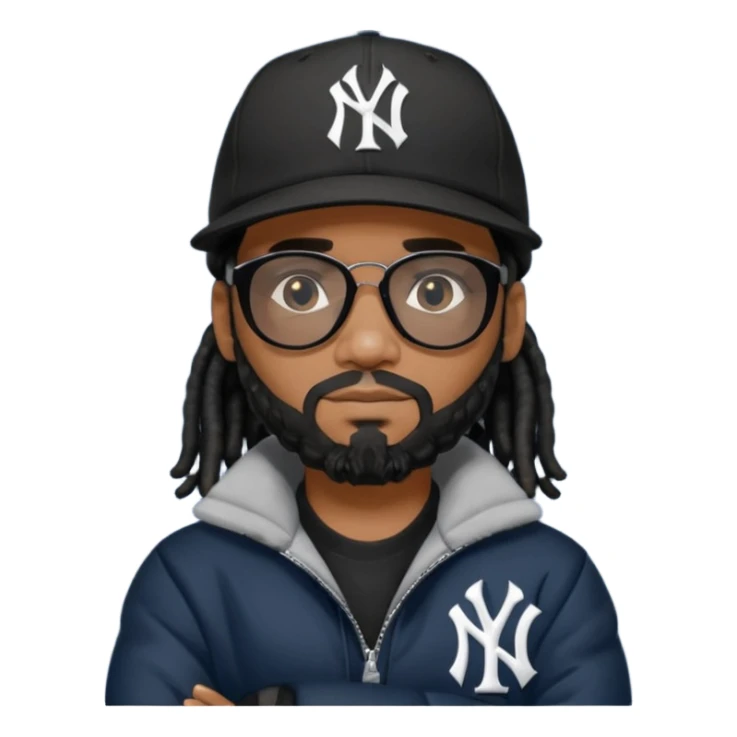 African American man with shoulder length black dreadlocks and black beard wearing black sunglasses with a New York Yankees baseball cap wearing a dark black bubble winter coat with arms folded sticker
