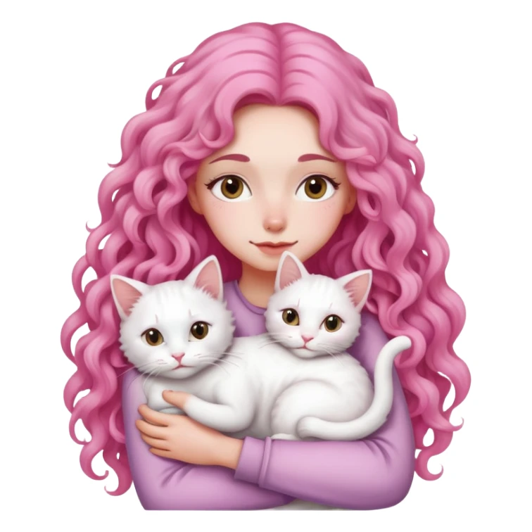 pink long curly hair woman hug with a white cat sticker