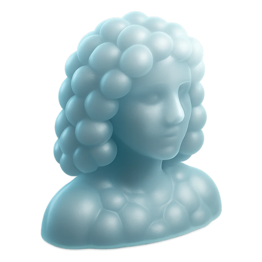 person looking straight, composed entirely of white fluffy convex clouds, shoulder length, matte glass style sticker