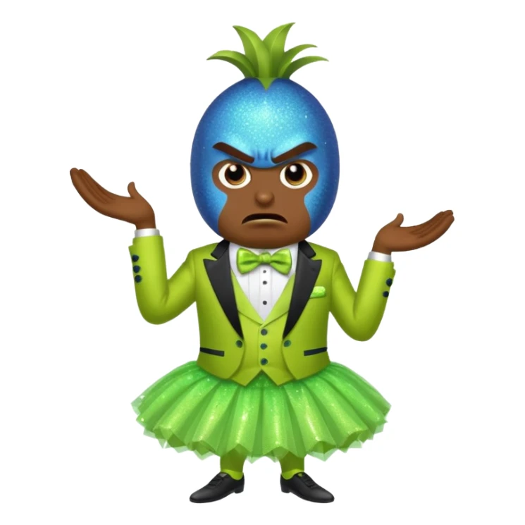 Angry blue banana fruit wearing a sparkly lime green tuxedo and tutu sticker