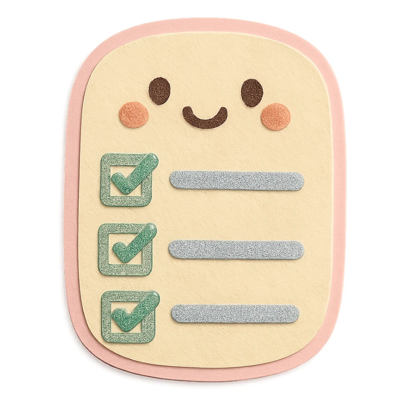 soft pastel kawaii rounded to-do list sticker with cute checkboxes, paper craft style, with a smiling face sticker