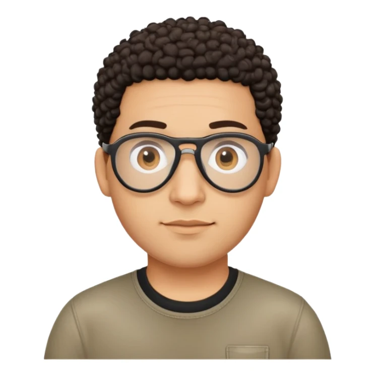 Light brown skinned Latino man with oval face, aviator glasses, completely bald sides with extremely short dark curly hair only on crown, friendly neutral expression, casual black t-shirt sticker