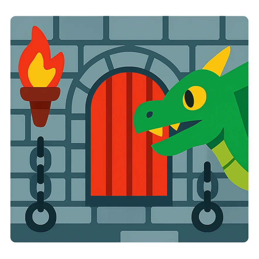 A dungeon emoji with torches, chains, and a dragon, vibrant colors sticker