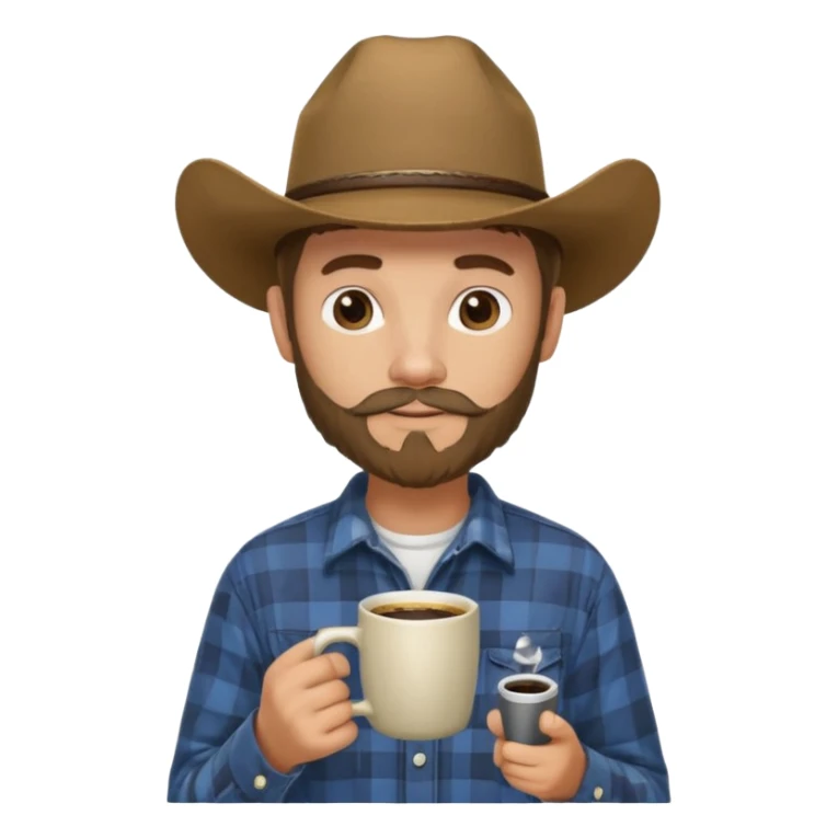generate an ios genmoji of a 20 year old tan boy with a cowboy hat and mutton chop beard. Wearing a flannel and carrying a coffee mug sticker