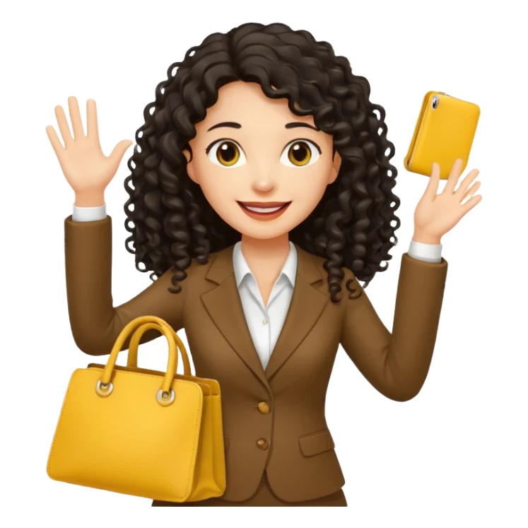 medium deep tan brown business woman with long black curly hair, waving hand with happy face with smile mouth and carrying yellow bag on her shoulder sticker