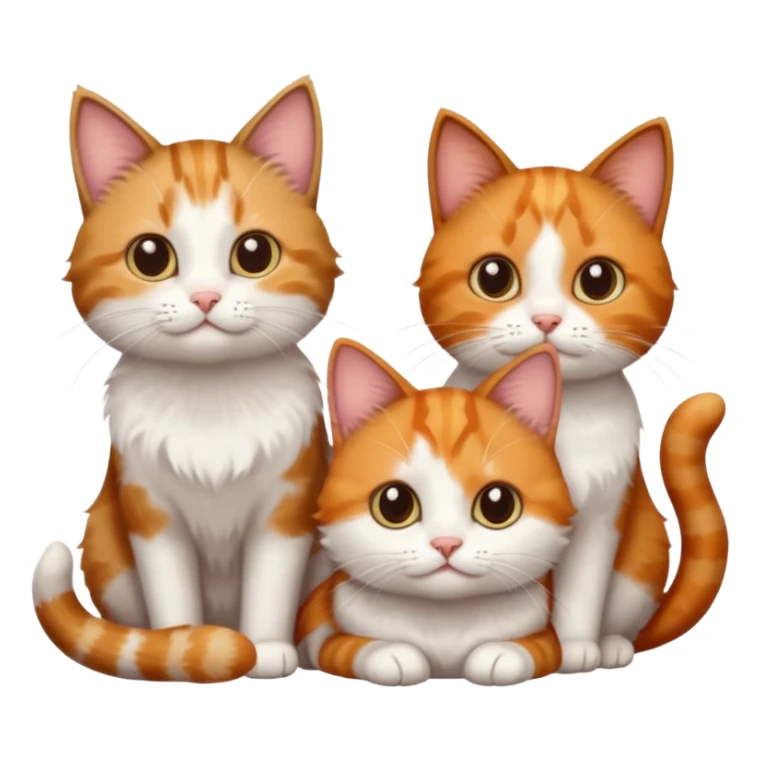 3 different coloured small cats including a dark brown tabby and white, and a patchy calico, and a ginger and white sticker