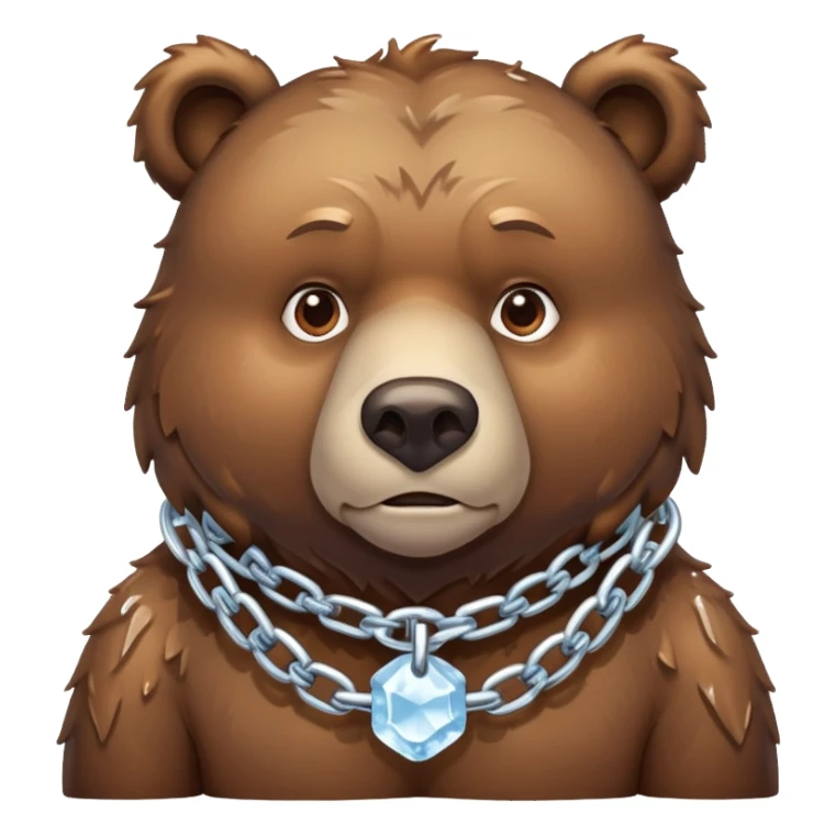 Serious realistic brown bear on all four legs wearing a thick chain made of ice around its neck, frozen chain links, stern expression sticker