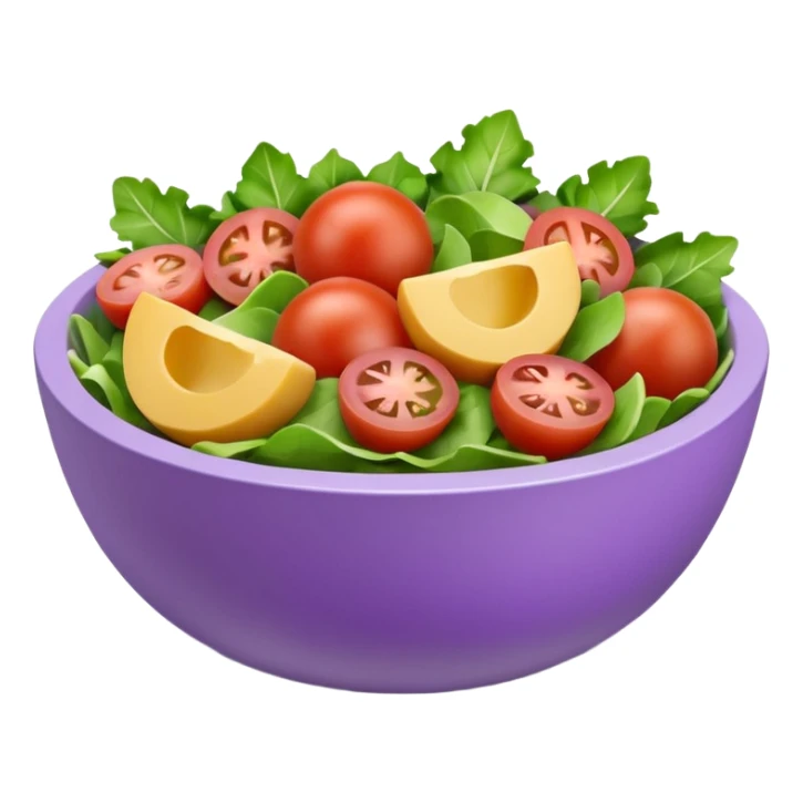 Modern premium 3D emoji icon: salad bowl (🥗), smooth rounded shapes, matte + subtle gloss, top-left studio light, soft shadow. Purple bowl with lavender rim; ingredients in natural colors, all sliced/chopped (no whole tomatoes). Centered, transparent background, no text sticker