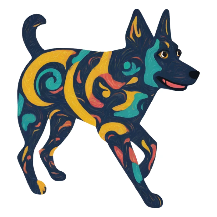 Abstract quirky funky made of different shapes dog running and squiggles linocut multicoloured illustrations  sticker