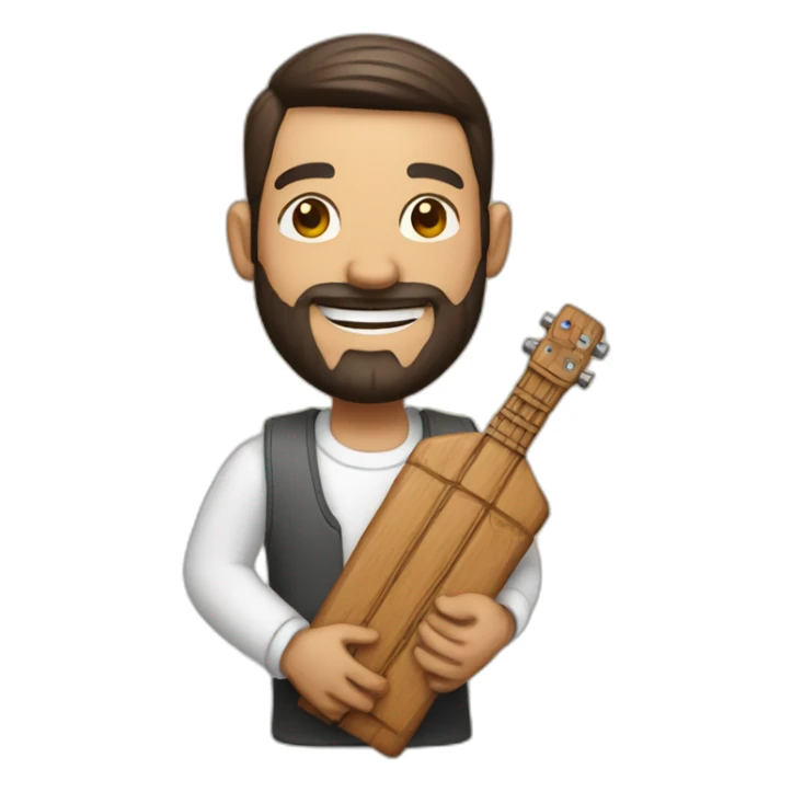 A man holding a virib made of wood and smiling sticker