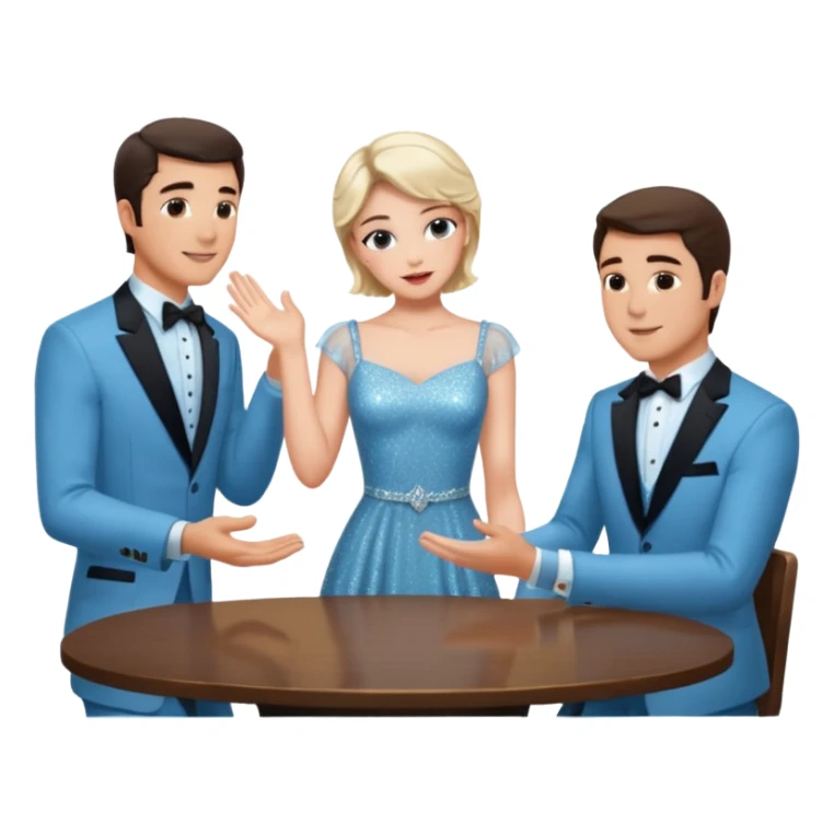 Sabrina’s carpenter in a light blue sparkly dress at a table with 3 handsome men facing each other and she is standing up putting her hand out  sticker